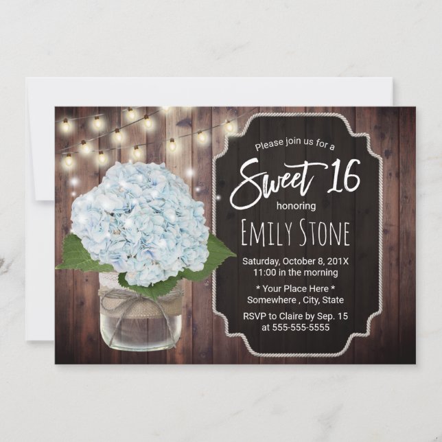 Rustic Blue Hydrangea Blume Mason Jar Sweet 16 Einladung (Vorderseite)