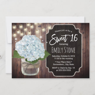 Rustic Blue Hydrangea Blume Mason Jar Sweet 16 Einladung