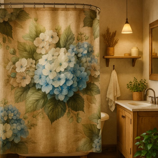 Rustic Blue Hydrangea  Floral Shower Curtain Duschvorhang (Rustic burlap and hydrangea floral shower curtain mockup )