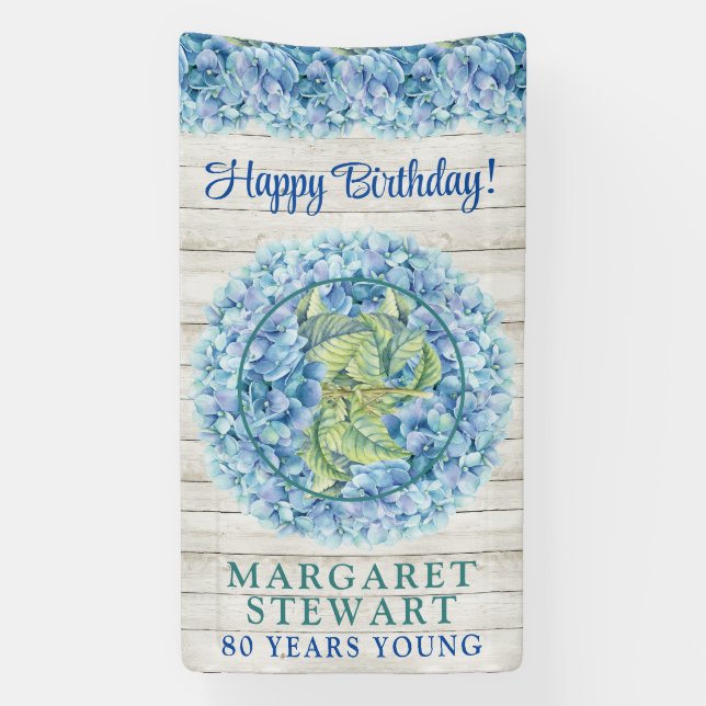 Rustic Blue Hydrangea Foto 80. Geburtstag Banner (Vertikal)