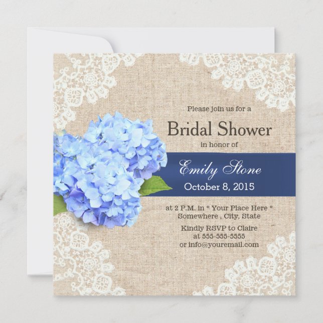 Rustic Blue Hydrangea Lace & Burlap Brautparty Einladung (Vorderseite)