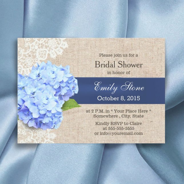 Rustic Blue Hydrangea Lace & Burlap Brautparty Einladung (Von Creator hochgeladen)