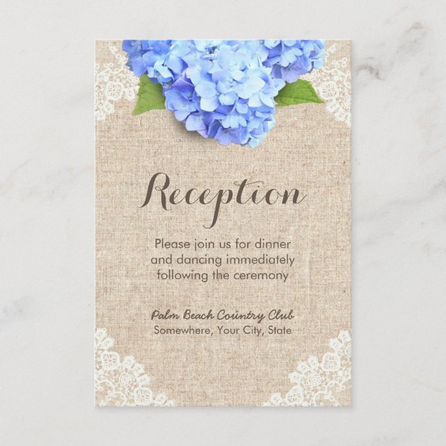 Rustic Blue Hydrangea Lace & Burlap Empfang Begleitkarte (Vorderseite)