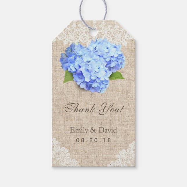 Rustic Blue Hydrangea Lace & Burlap Gastgeschenk H Geschenkanhänger (Vorderseite)