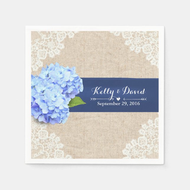 Rustic Blue Hydrangea Lace & Burlap Wedding Serviette (Vorderseite)