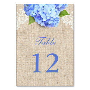 Rustic Blue Hydrangea Lace & Burlap Wedding Table Tischnummer