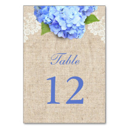Rustic Blue Hydrangea Lace & Burlap Wedding Table Tischnummer