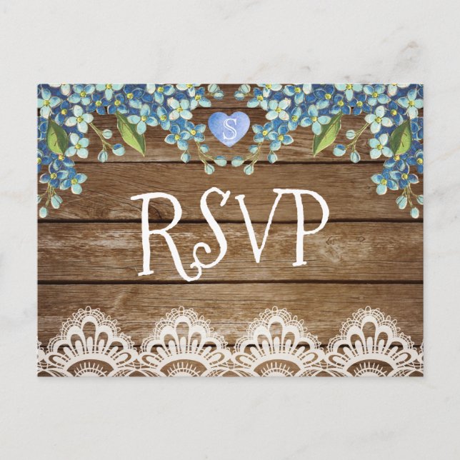 Rustic Blue Hydrangea & Lace RSVP Card Einladungspostkarte (Vorderseite)