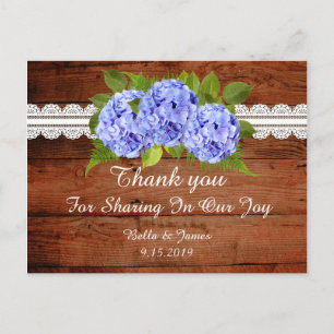 Rustic Blue Hydrangea Wedding Danke Postcard Postkarte