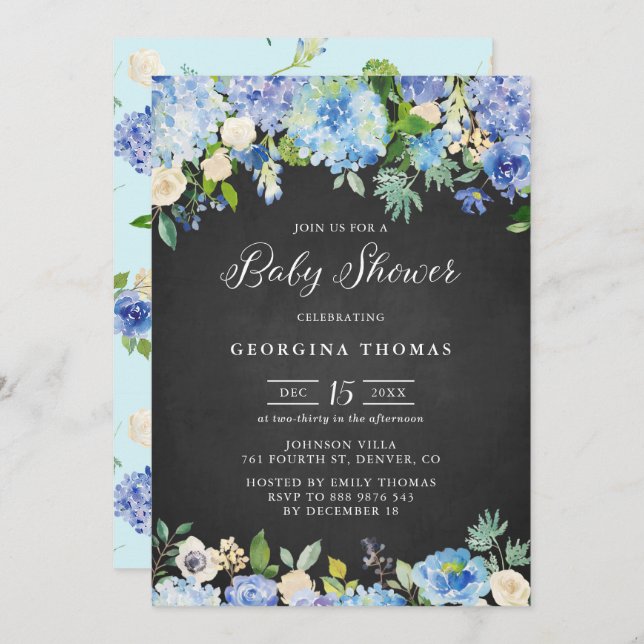 Rustic Blue Hydrangeas Chalkboard Baby Dusche Einladung (Vorne/Hinten)