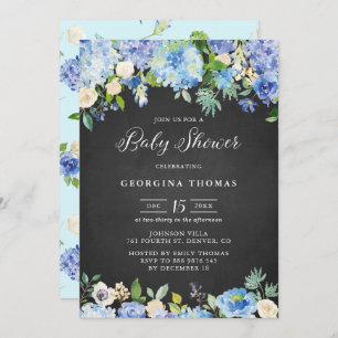 Rustic Blue Hydrangeas Chalkboard Baby Dusche Einladung