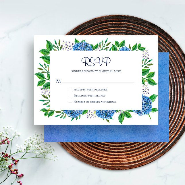 Rustic Blue Hydrangeas Watercolor RSVP Card Einladung (Front / Back)