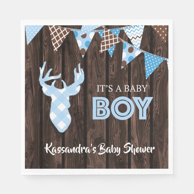 Rustic Blue Kariert Deer Baby Dusche Napkin Mittag Serviette (Vorderseite)