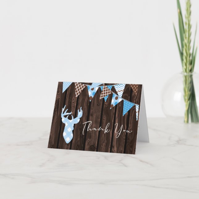 Rustic Blue Kariert Deer Baby Dusche Vielen Dank Dankeskarte (Vorderseite)