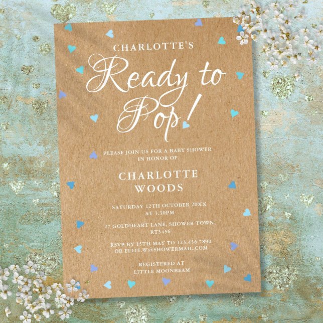 Rustic Blue Liebe Hearts Bereit zum Pop Kinderdusc Einladung (Rustic Blue Love Hearts Ready to Pop Baby Shower Invitation)
