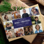 Rustic Blue Lila Christmas 10 Fotos Collage Feiertagskarte<br><div class="desc">Machen Sie Ihren Urlaub ganz besonders mit unserer rustikal inspirierten Weihnachtskarte mit 10 quadratischen Fotos, um Ihre Lieblingsmomente aus dem Jahr zu erfassen und zu teilen. Das Vintage Drehbuch auf der Vorderseite sagt Frohe Weihnachten und die Vorlage erlaubt es Ihnen, Ihre Karte mit drei Zeilen benutzerdefiniertem Text für Familienname, Begrüßungsnachricht...</div>