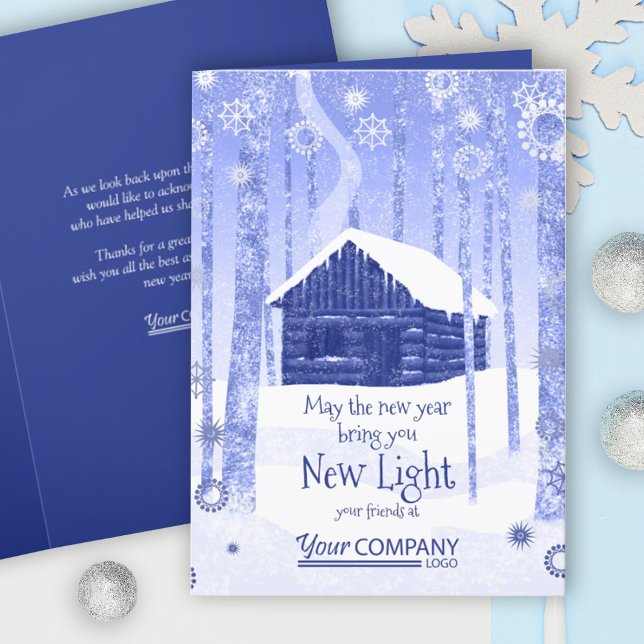 Rustic Blue Log Cabin Company Holiday Card Karte (blue logo company holiday greeting cards, blue Christmas cards, trees forest cabin in the snow)