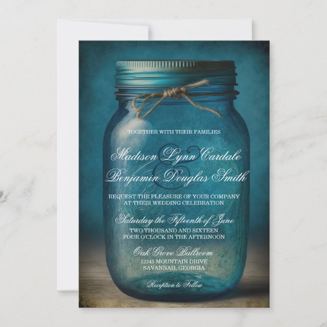 Rustic Blue Mason Jar Country Wedding Einladung (Vorderseite)