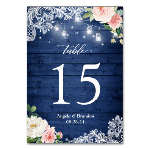 Rustic Blue Mason Jar Lights Lace Floral Wedding Tischnummer