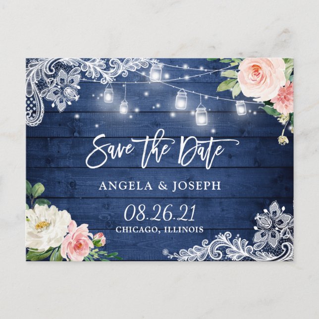 Rustic Blue Mason Jar Lights Wedding Save the Date Einladungspostkarte (Vorderseite)