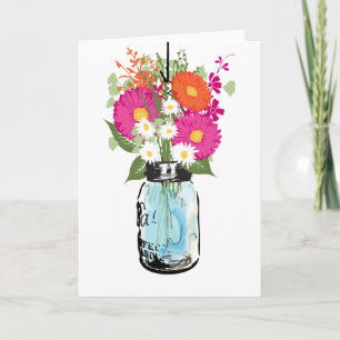 Rustic Blue Mason Jar und Gerber Daisies Blank Dankeskarte