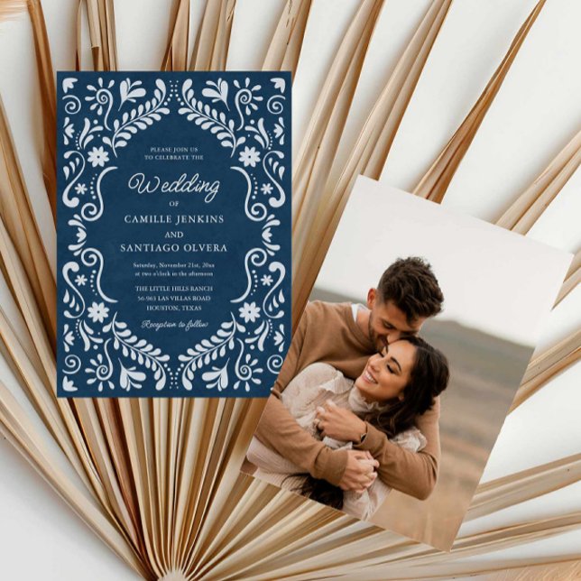 Rustic Blue Mexican Wedding Foto Einladung (Blue Rustic Mexican Photo Wedding Invitation)