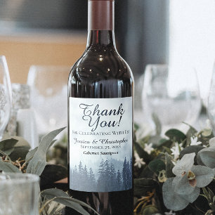 Rustic Blue Pine Trees Wedding Vielen Dank Weinetikett