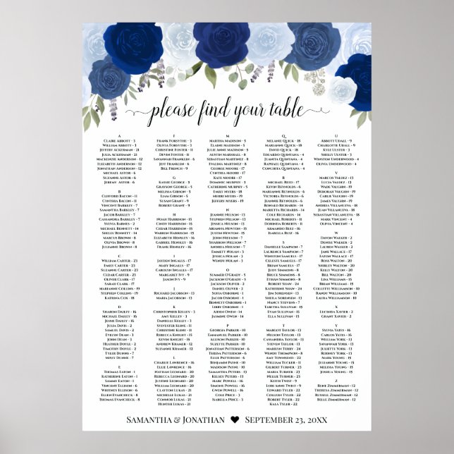 Rustic Blue Roses Wedding Seating Chart A1 Size Poster (Vorne)