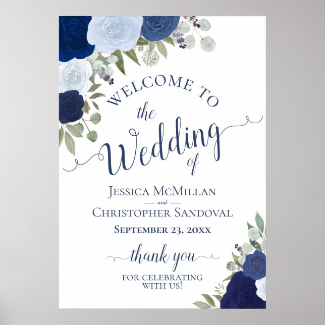 Rustic Blue Roses Wedding Welcome A1 Size Poster (Vorne)