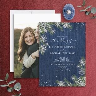Rustic Blue Silver Winter Wood Foto Wedding Einladung