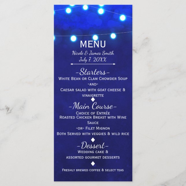 Rustic Blue String Lights Elegantes Hochzeitmenü Menükarte (Vorderseite)