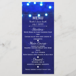 Rustic Blue String Lights Elegantes Hochzeitmenü Menükarte