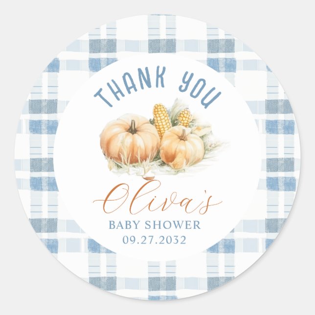 Rustic Blue Stripes Pumpkin Baby Dusche Vielen Dan Runder Aufkleber (Vorderseite)