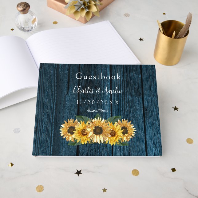 Rustic Blue Sunflower Wedding Gästebuch (Vorderseite Offen)