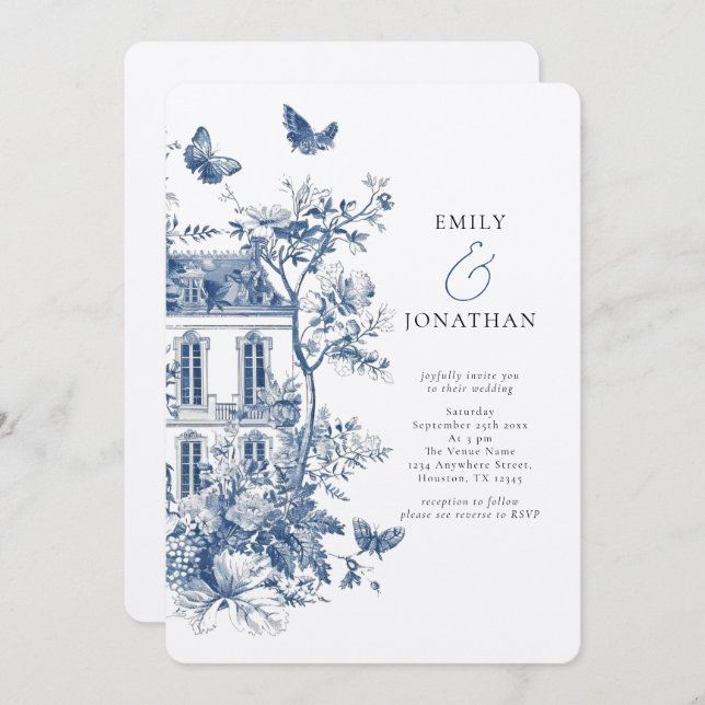 Rustic Blue Toile De Jouy QR Code Wedding Einladung (Vorne/Hinten)