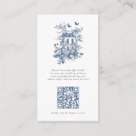 Rustic Blue Toile De Jouy QR Code Wedding RSVP Begleitkarte