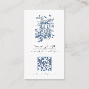 Rustic Blue Toile De Jouy QR Code Wedding RSVP Begleitkarte