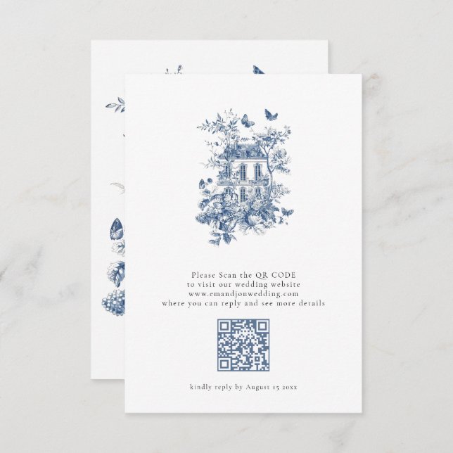 Rustic Blue Toile De Jouy QR Code Wedding RSVP Karte (Vorne/Hinten)
