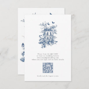 Rustic Blue Toile De Jouy QR Code Wedding RSVP Karte