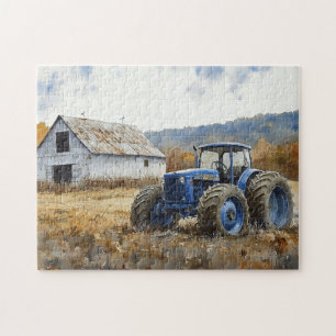 Rustic Blue Tractor White Barde Watercolor Puzzle