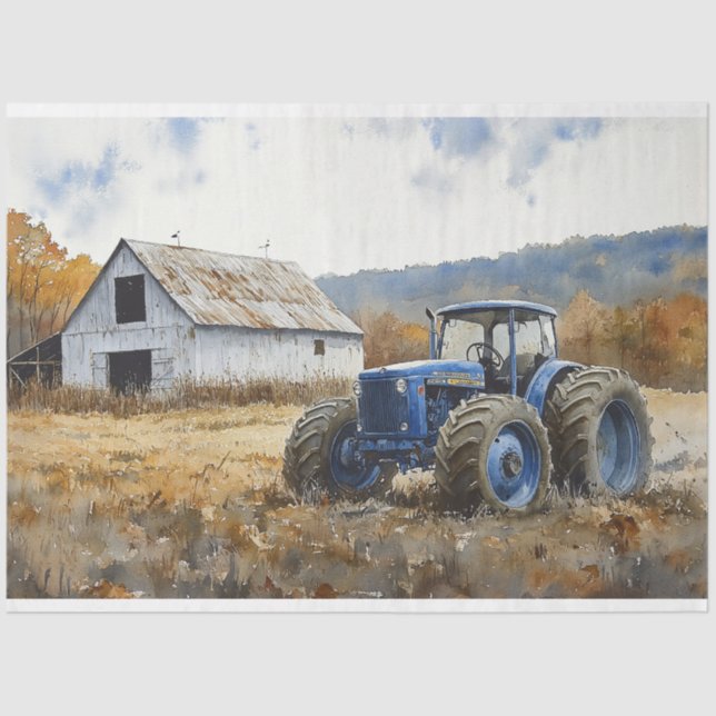 Rustic Blue Tractor White Barde Watercolor Seidenpapier (Vorderseite)