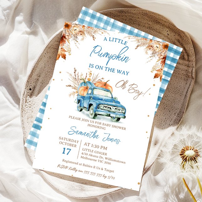 Rustic Blue Truck Kleine Pumpkin Baby Dusche Einladung (Boy Fall Little Pumpkin Baby Shower Invitation, Blue Pumpkin Truck Baby Shower Invite, Brown Foliage)