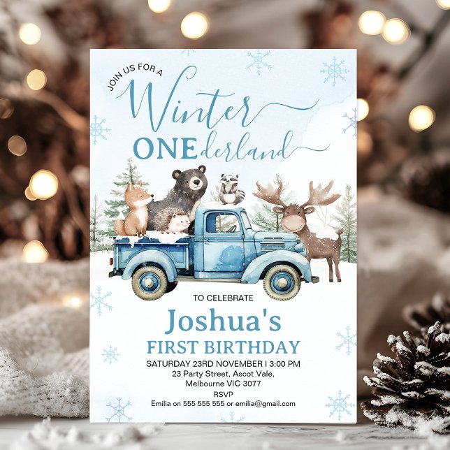 Rustic Blue Truck Winter Onederland Birthday Einladung (Winter Onederland Birthday Invitation, Winter Onederland - 1st Birthday Invitation Template, Blue)