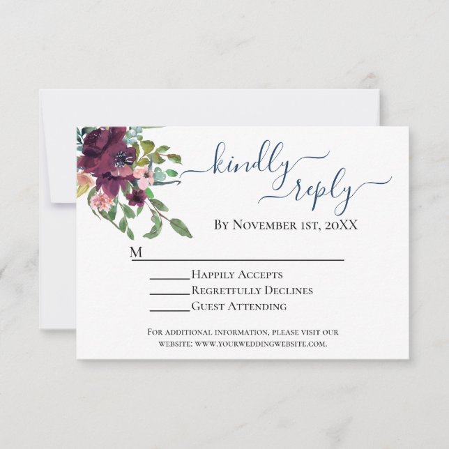 Rustic Blue und Burgund Floral Wedding RSVP Karte (Vorderseite)