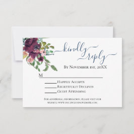 Rustic Blue und Burgund Floral Wedding RSVP Karte