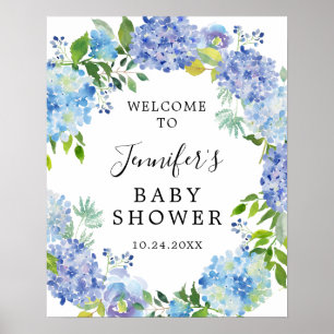 Rustic Blue Watercolor Hydrangea Baby Dusche Poster