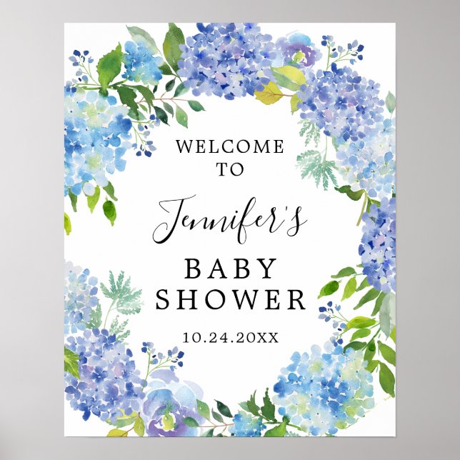 Rustic Blue Watercolor Hydrangea Baby Dusche Poster (Vorne)