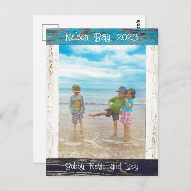 Rustic Blue White Beach Wood Photo Frame Postkarte (Vorne/Hinten)