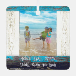 Rustic Blue White Beach Wood Text Photo Frame Ornament Aus Metall