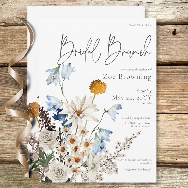 Rustic Blue Wildblumen & Daisies Bridal Brunch Einladung (Rustic Blue Wildflowers & Daisies Bridal Brunch Invitation)